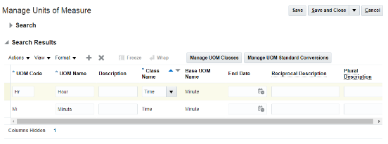 A partial screen capture of the Units of Measure page with the sample data discussed in the text.