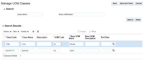 Screen capture of the Manage UOM Classes page with two classes set up: the class Quantity with a UOM Code of EA and Base UOM Name of Each and the Class Time with UOM Code of Mi and Base UOM Name of Minute.