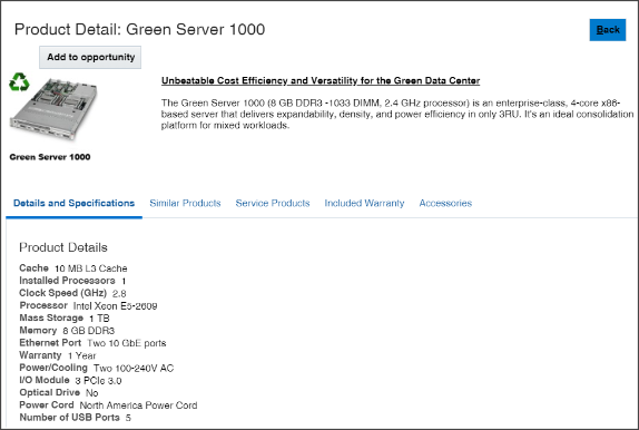 Screen capture of the Product Detail page showing the Green Server 1000 image and a brief description. The Details and Specifications tab, not part of the sales catalog product, shows additional text.