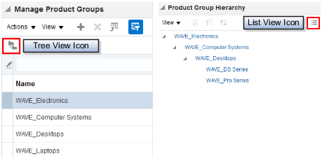 Manage Product Groups page showing the list view and tree view icons