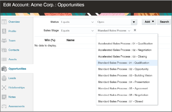 Screenshot of the Opportunity subtab showing the addition of the Sales Stage field as a filter