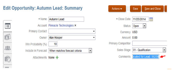 Sample screen to show the lead number which originated the opportunity