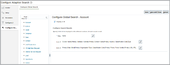Screenshot of the Configure Global Search tab of the Configure Adaptive Search UI