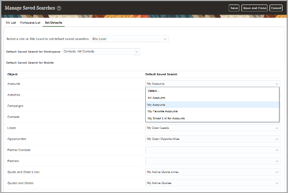 A screenshot of the Set Defaults UI at the site level for saved searches for Workspace