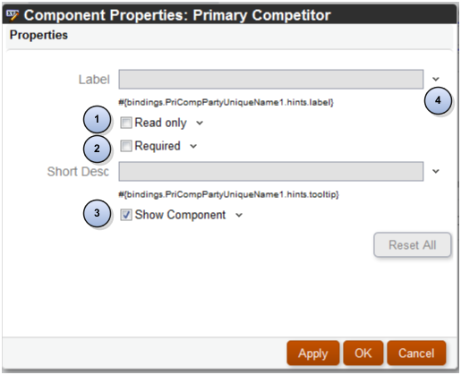 Screen capture of the Component Properties window with callouts highlighting functions described previously