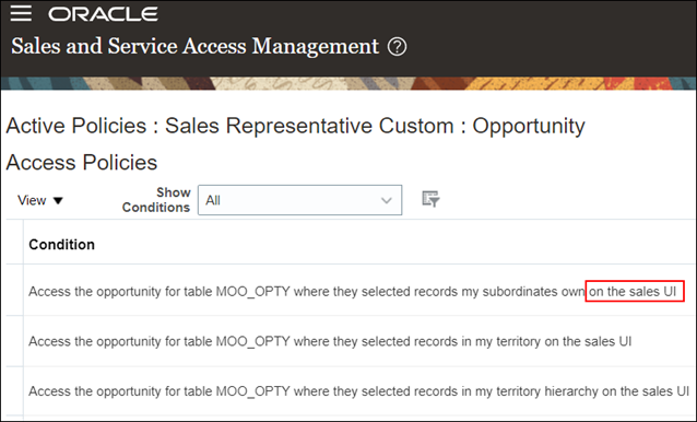A screenshot showing the data security policies that grant access based on Sales UI privileges.