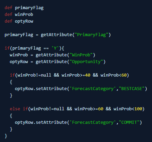 Sample screenshot of Groovy script logic for setting sales forecast categories to best case and commit