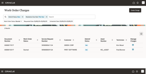 Work Order Charges page