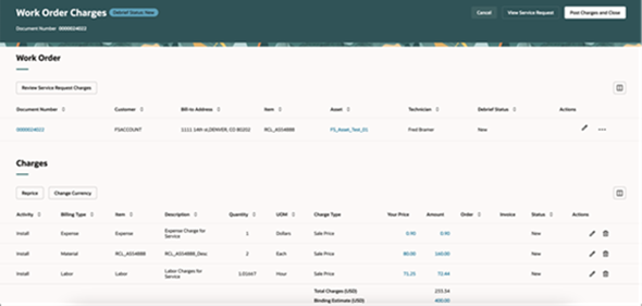 Work Order Charges detail page