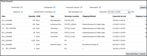 Parts Search Window