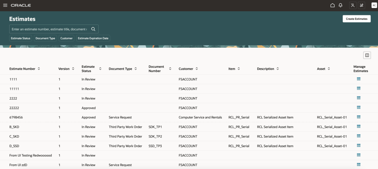 Estimates page