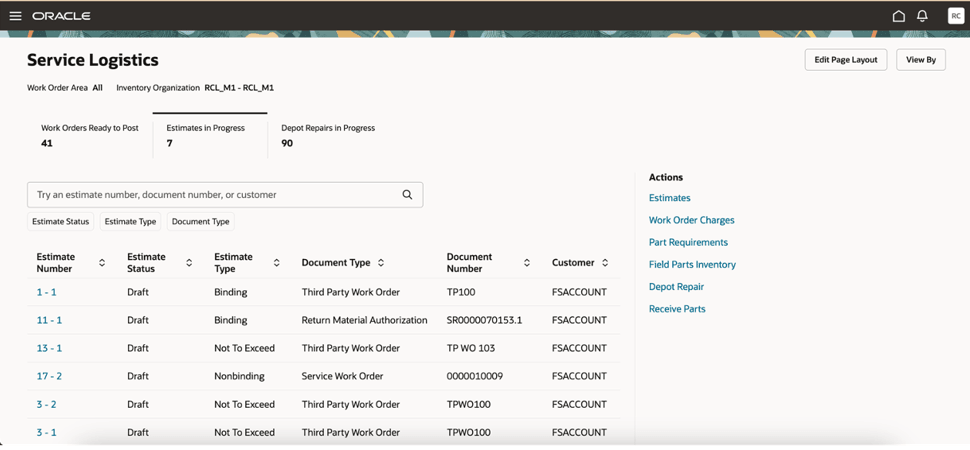 Service Logistics Landing Page in Redwood - Estimates in Progress Tab