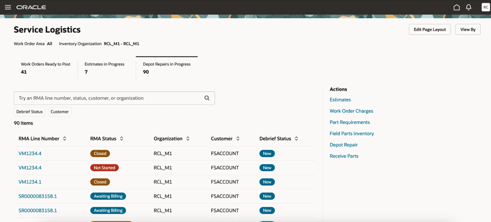 Service Logistics Landing Page in Redwood - Depot Repairs in Progress Tab