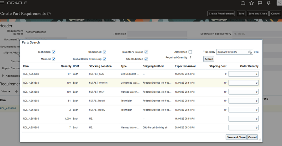 Work Order Parts Search page