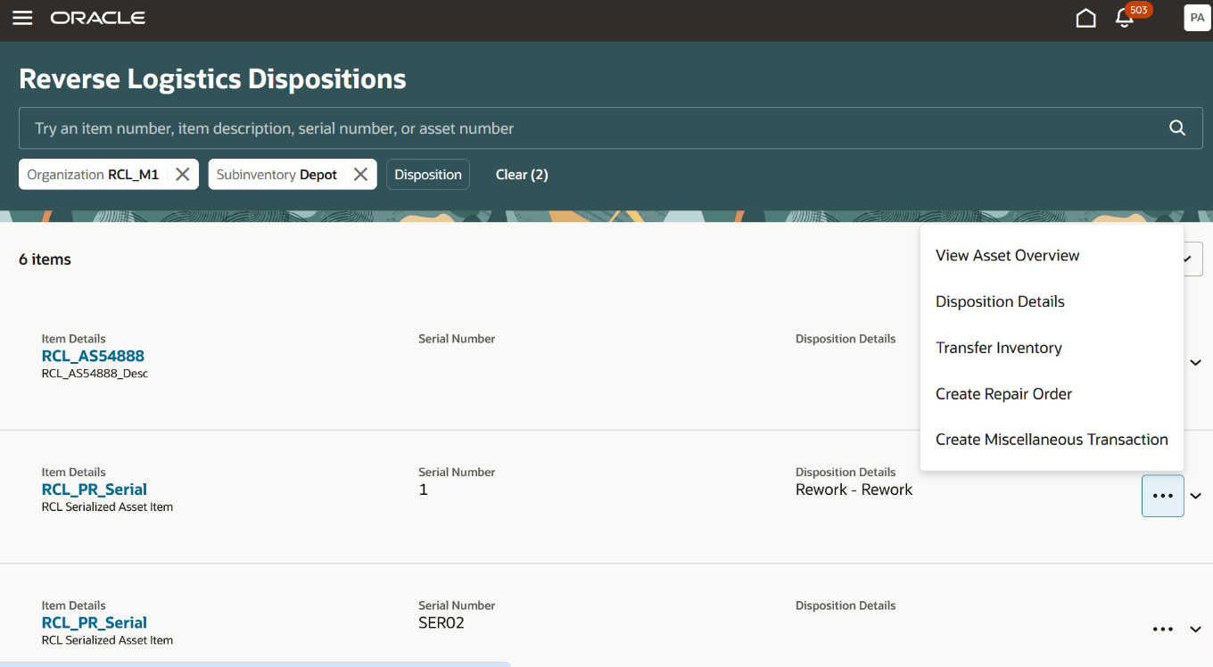 Reverse Logistics Dispositions page