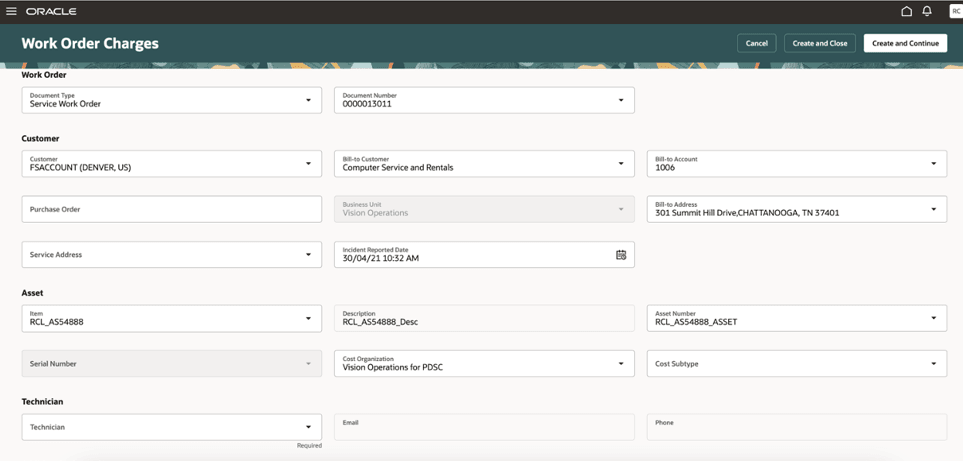 Work Order Charges header
