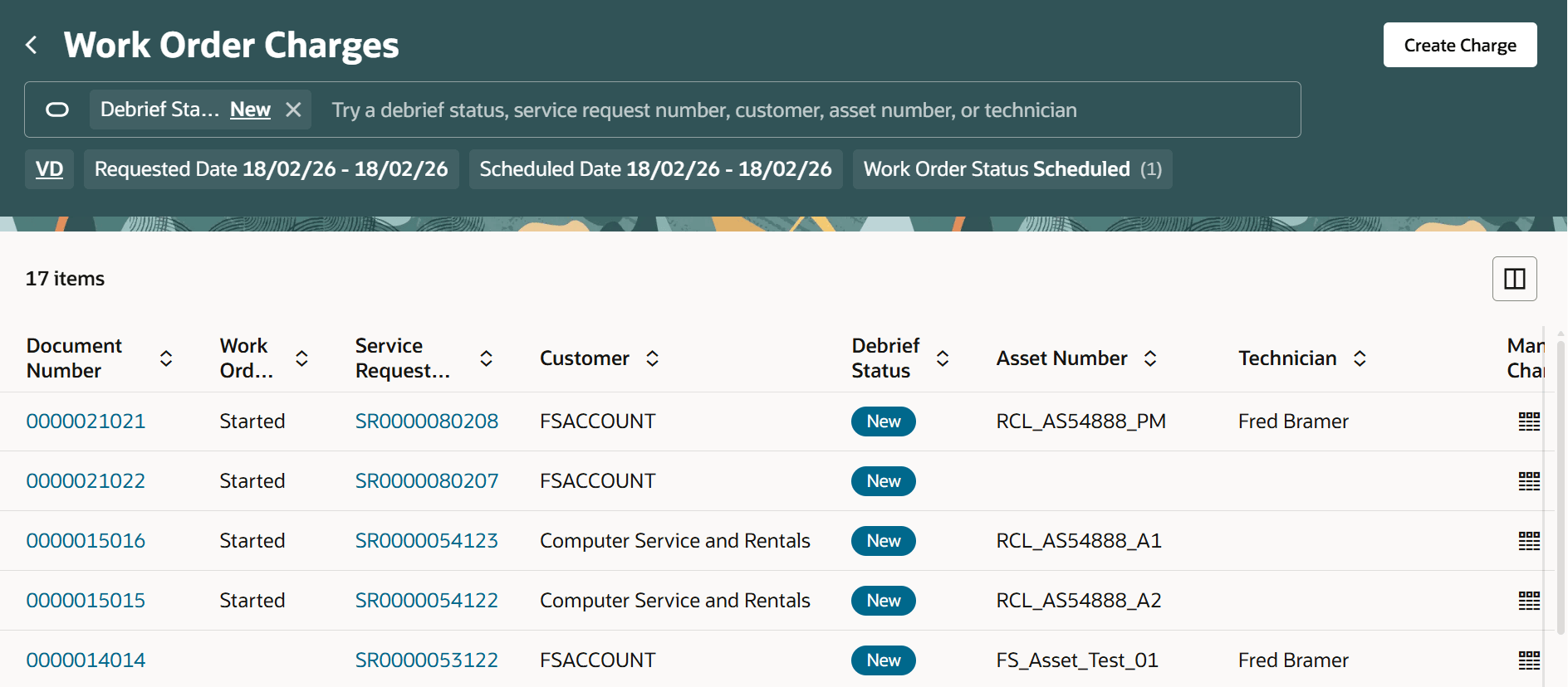Work Order Charges search page