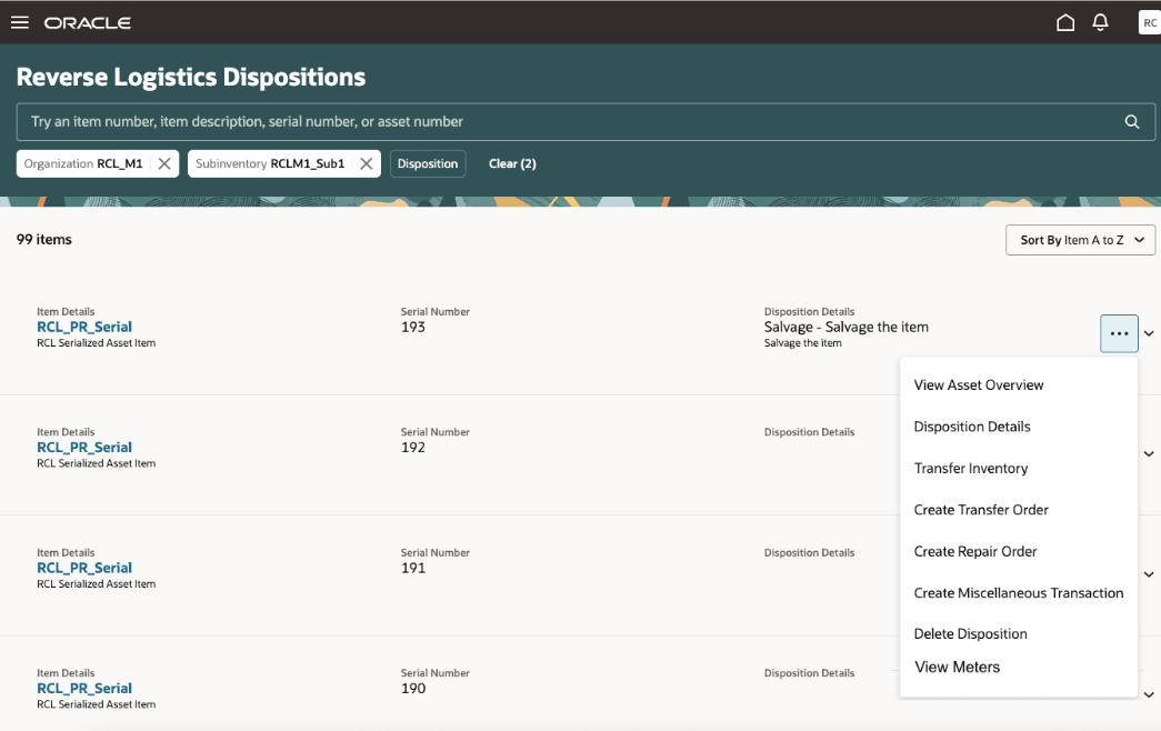 Reverse Logistics Dispositions page