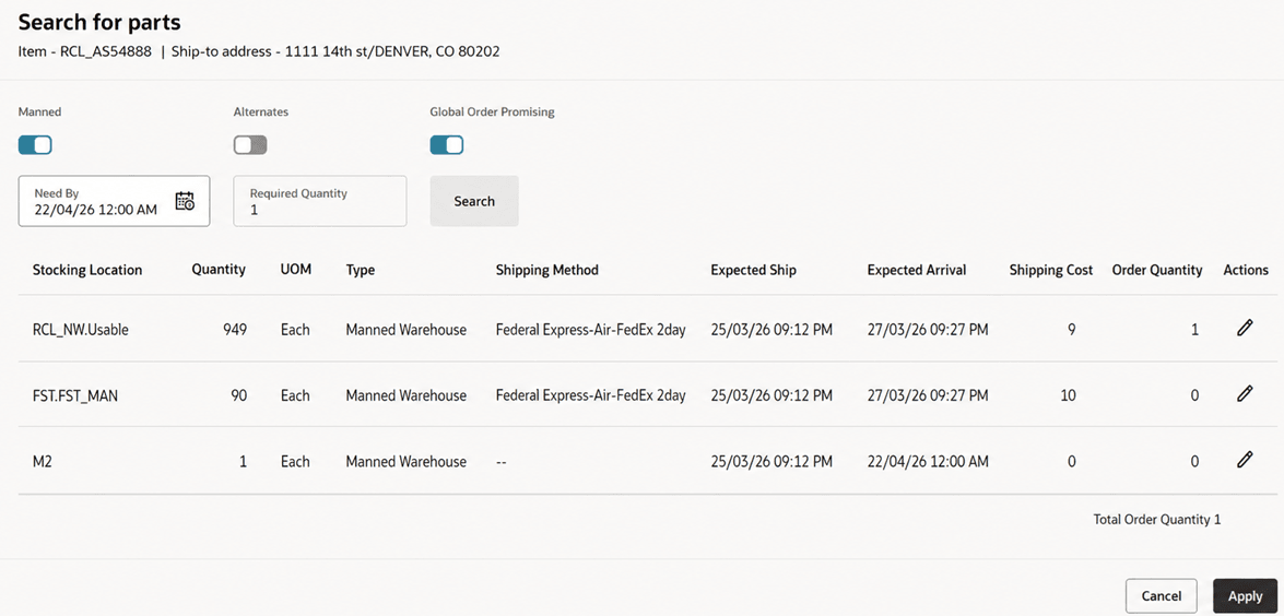 Search for Parts Page