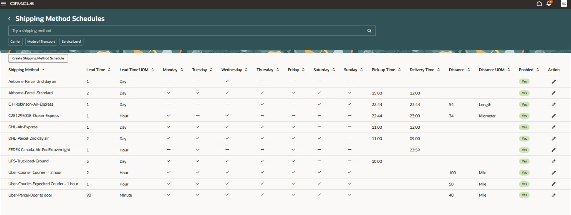 Shipping Method Schedules Search Page
