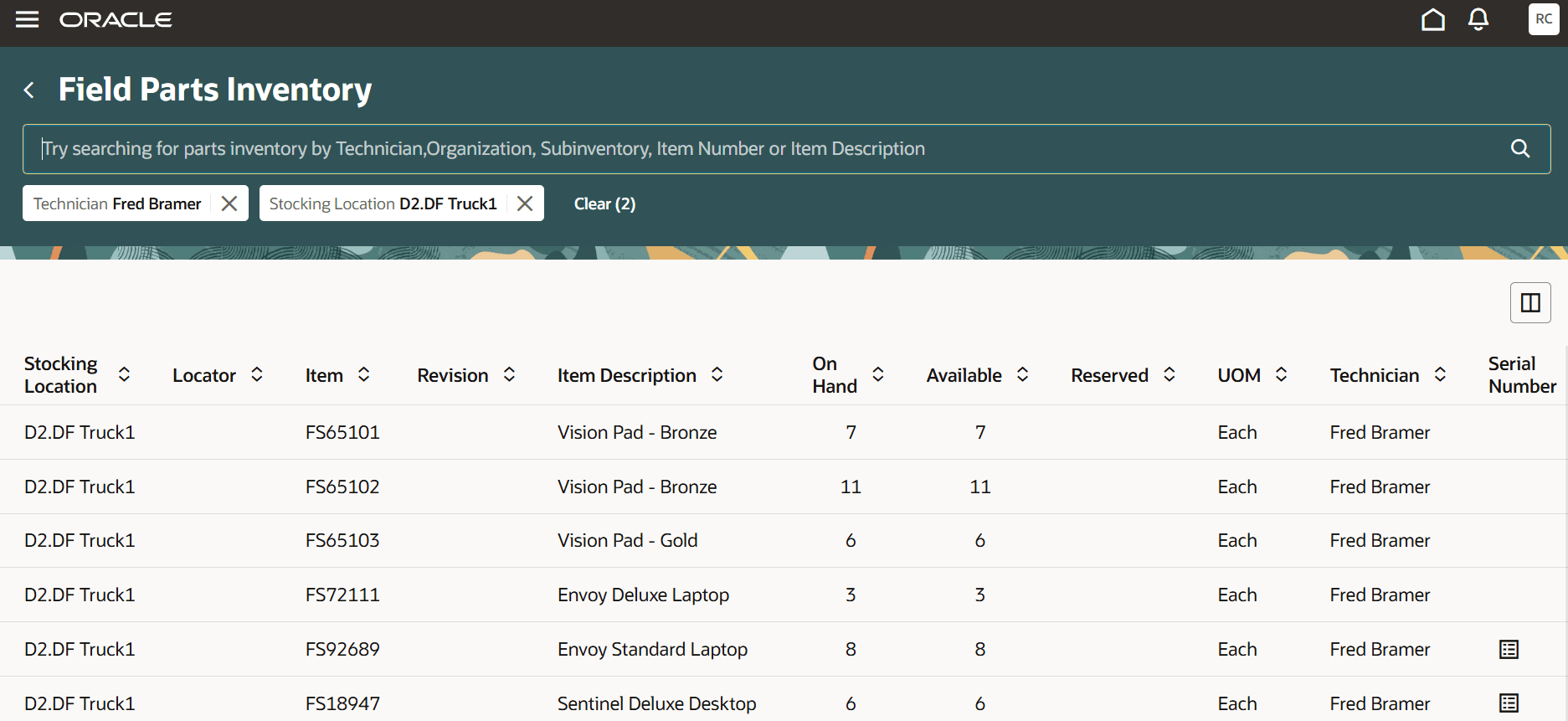 Field Parts Inventory Search Page