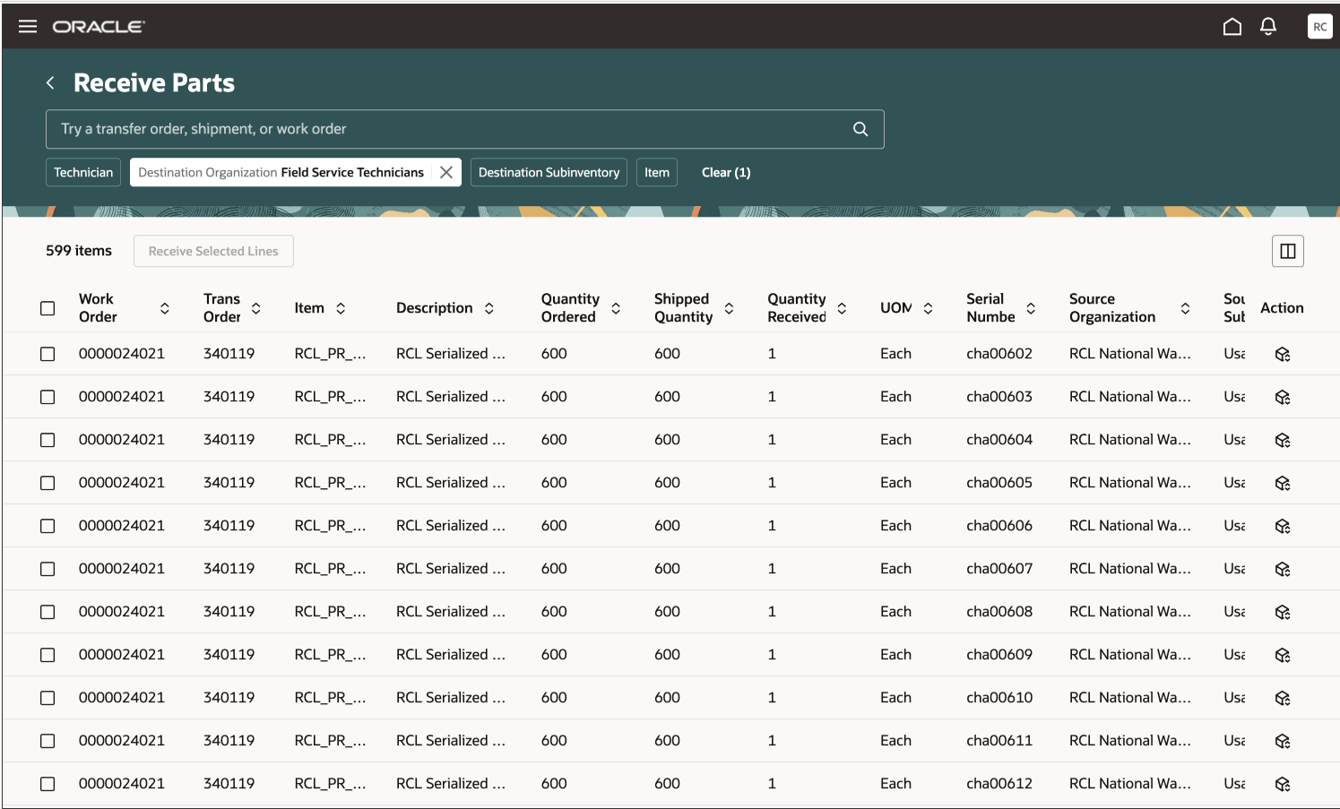 Receive Parts Search Page