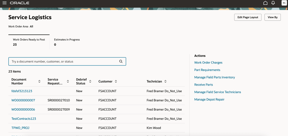 Service Logistics Landing Page - Work Orders Ready to Post Tab (Redwood)