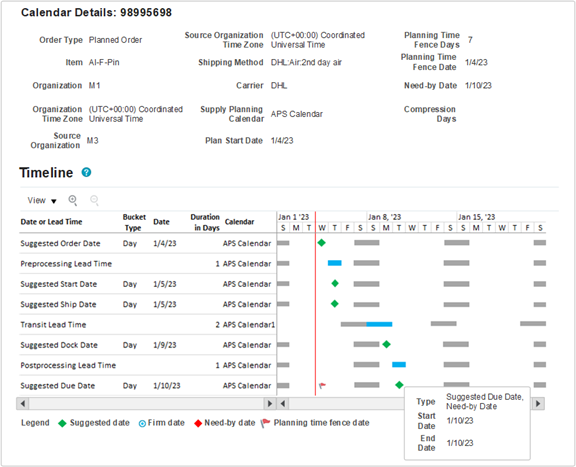 Screen showing a Calendar Details view, with fields and values explained in the following table