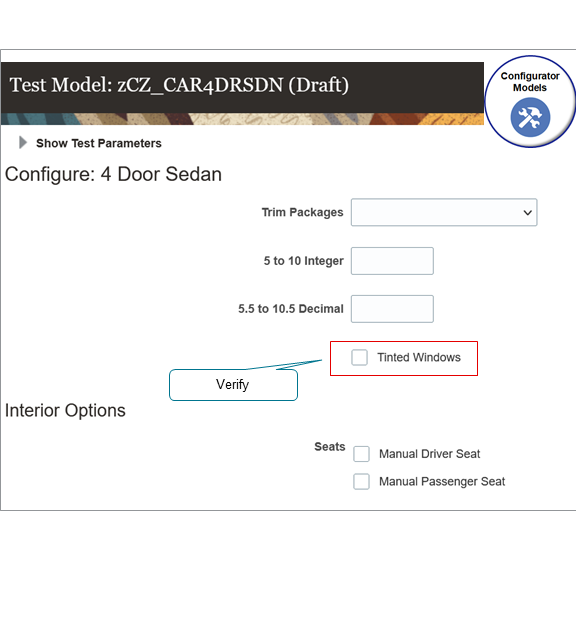 5. Click Test Model, the verify that the Test Model page displays your Tinted Windows feature as a check box.