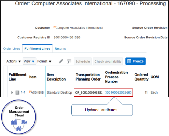 Orchestration Process tab with the updates that it receives from Transportation Management.