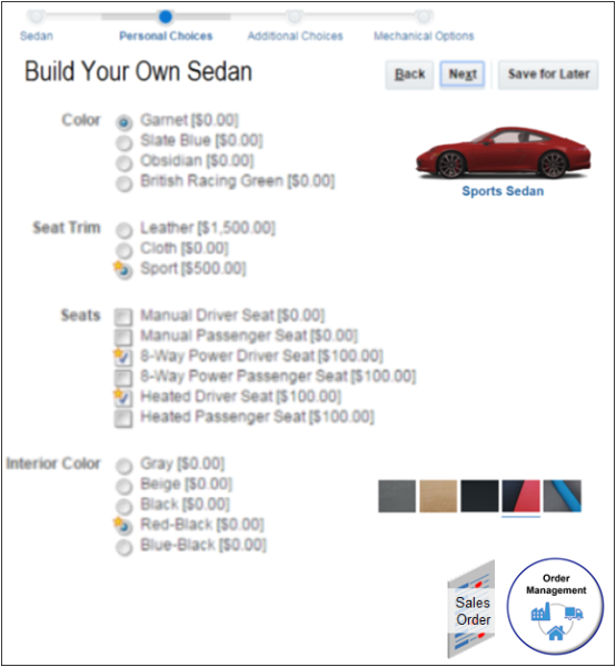 example where you choose options for a car, such as color, seat trim, seats, and so on.