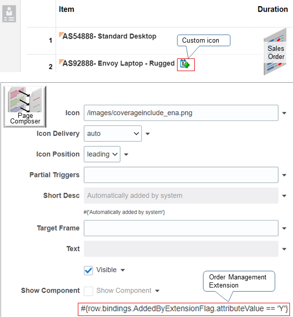 Assume you have an icon name coverageinclude_ena.png, and you want to display it as part of the item. You can use an order management extension in Page Composer to add it