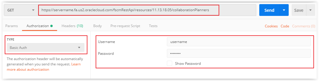 Postman example with basic authentication, user name, and password.