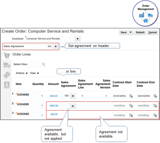 Setting sales agreement attributes on the Create Order page