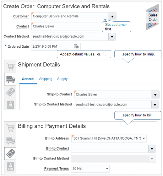 The sales order sets shipment, billing, and payment values by default according to the customer you select. You can accept the default values, or modify them to meet your requirements.