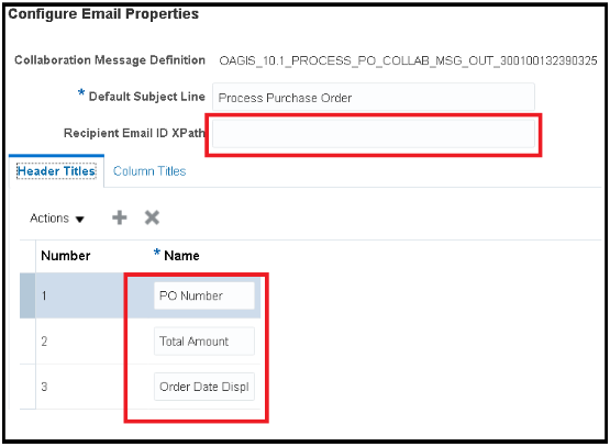 This graphic shows how to set up the order and header titles of the data attributes to be included in the header of an email.
