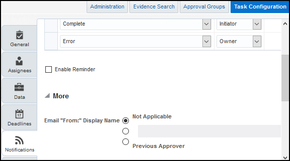 More section on the Notifications subtab on the Task Configuration tab, with options to define the email sender name for a workflow task