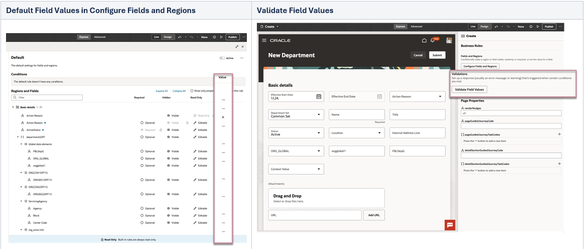 Screen captures of default field values and validation field values in VB Studio Express mode.