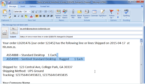 example of an email format that your deployment can send when the sales order status changes to Shipped