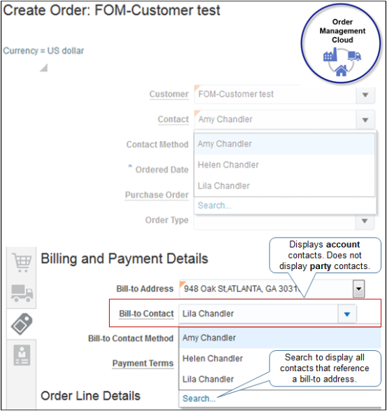 Contact in the Billing and Payment Details area displays account contacts.