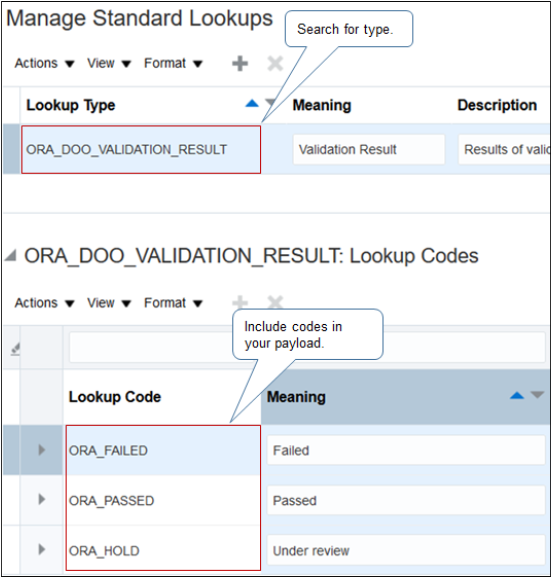 lookup codes for validation result