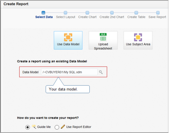 The Create Report wizard displaying your data model.