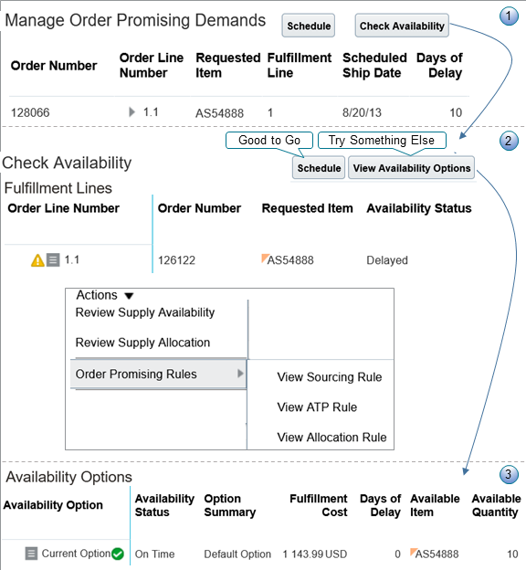 Use the Manage Order Promising Demands page in the Order Promising work area to analyze demand.