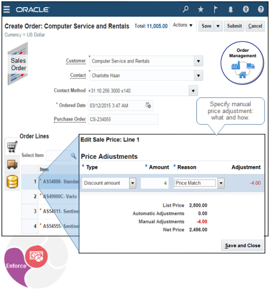 Enforce controls on the manual price adjustments that your users can make in the Edit Sale Price dialog of an order line.