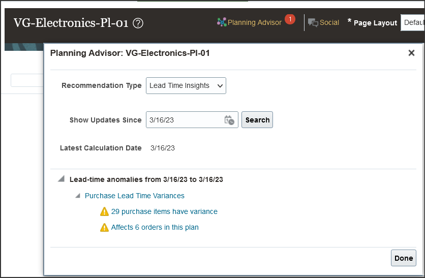 This is the screenshot of the Planning Advisor UI showing the lead-time anamolies for a selected date range.