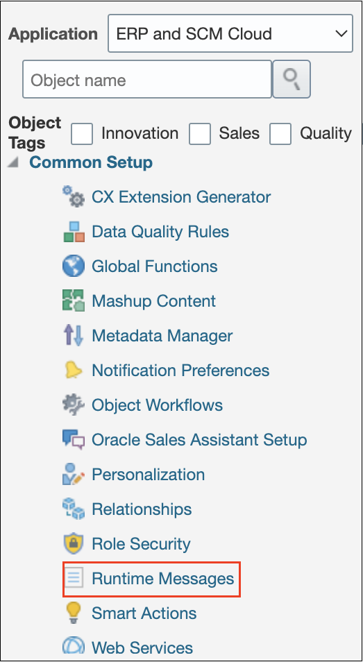 This image displays the runtime messages in the common setup node of Application Composer