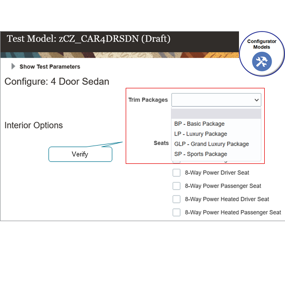 10. On the Test Model page, verify that the user interface displays your new option feature, and that you can select each option.