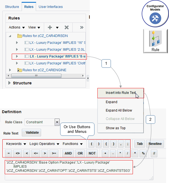 For example, you can right-click a node, click Insert into Rule Text, and the editor will automatically add code that is syntactically correct into the rule text.