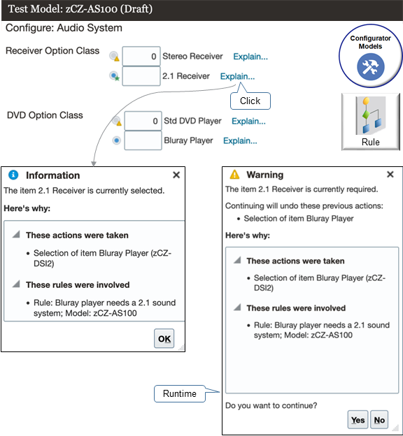 Configurator will test your model. It will display visual cues for your items, such as an exclusion or automatic selection.