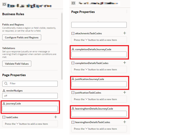 A screen capture that shows journey code fields at the page-level and section-level.